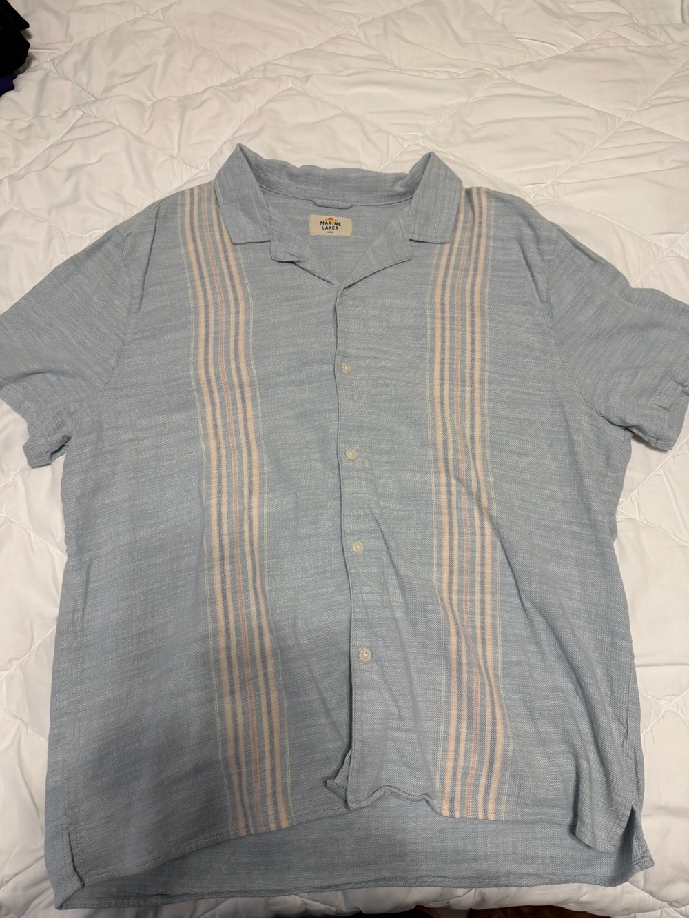 Marine Layer Light Blue Short-Sleeve Camp Shirt with Cream Stripes